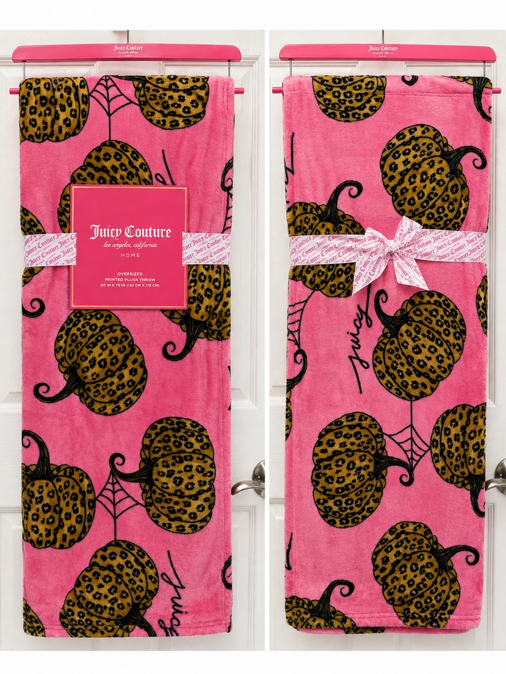 Juicy Couture Pink Plush Throw OVERSIZED blanket with Leopard Pumpkin Print